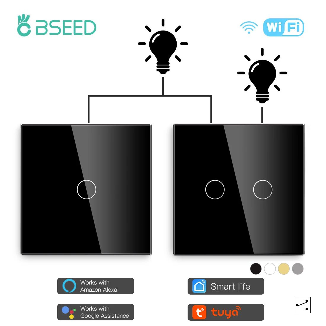 

Умные настенные выключатели BSEED, сенсорные переключатели с Wi-Fi, 1/2 клавиши, 2 кнопки, Google Alexa, Яндекс App, стеклянная панель управления