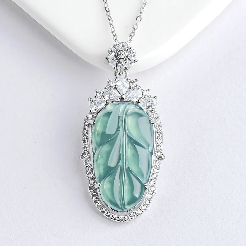 

Mai Chuang/Hand Carved/Jade Silver Inlaid Ice Species Leaves Necklace Pendant Fashion Elegant Jewelry Men and Women Couple Gift