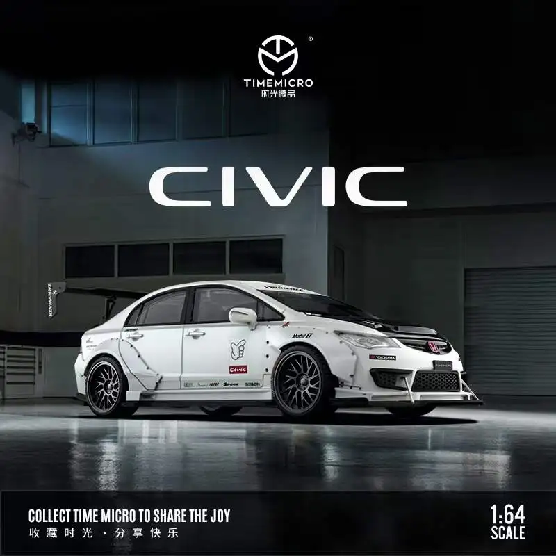 

** Предварительная заказ ** время микро 1:64 Honda Civic, белый с черным капотом двигателя, литая модель автомобиля