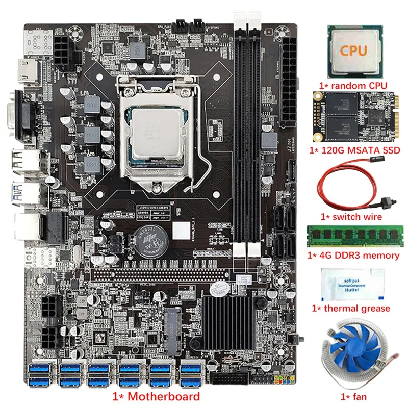 B75 12 USB3.0 BTC Mining Motherboard CPU+Fan+4G DDR3 RAM+120G MSATA SSD+Thermal Grease+Switch Cable LGA1155 DDR3 SATA3.0