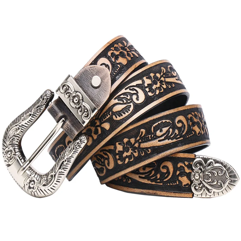 Top layer cowhide small rose embossed leather carving women's belt high street men's personalized belt extended neutral belt