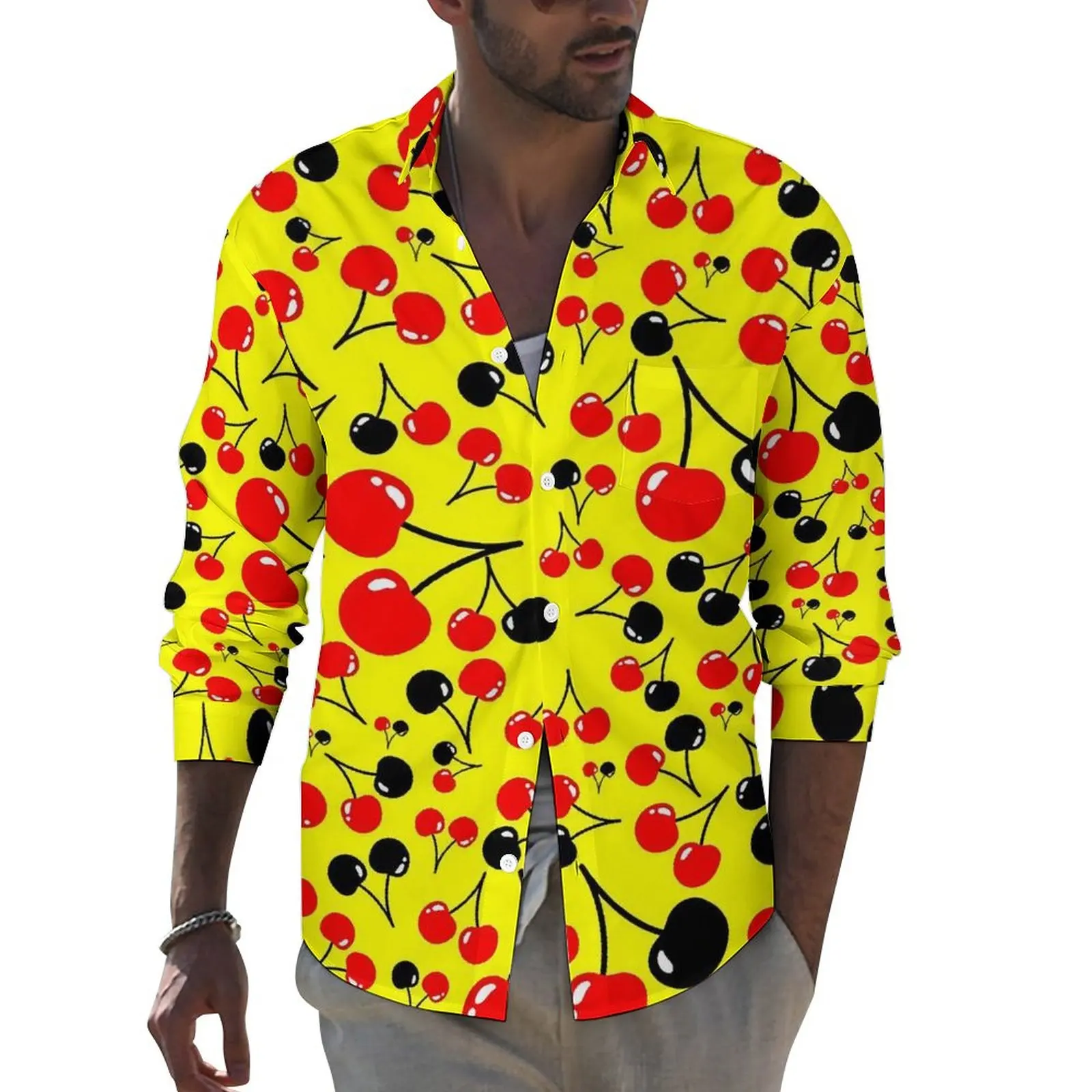 

Sweet Cherries Shirt Red Fruit Print Casual Shirts Long Sleeve Graphic Funny Blouses Autumn Novelty Oversized Clothing