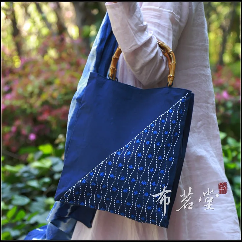 Ladies Handbag Small Daisy Embroidered Bamboo Handle Bag  Handmade Bamboo Handle Bag Embroidered Blue Dyeing Bags for Women