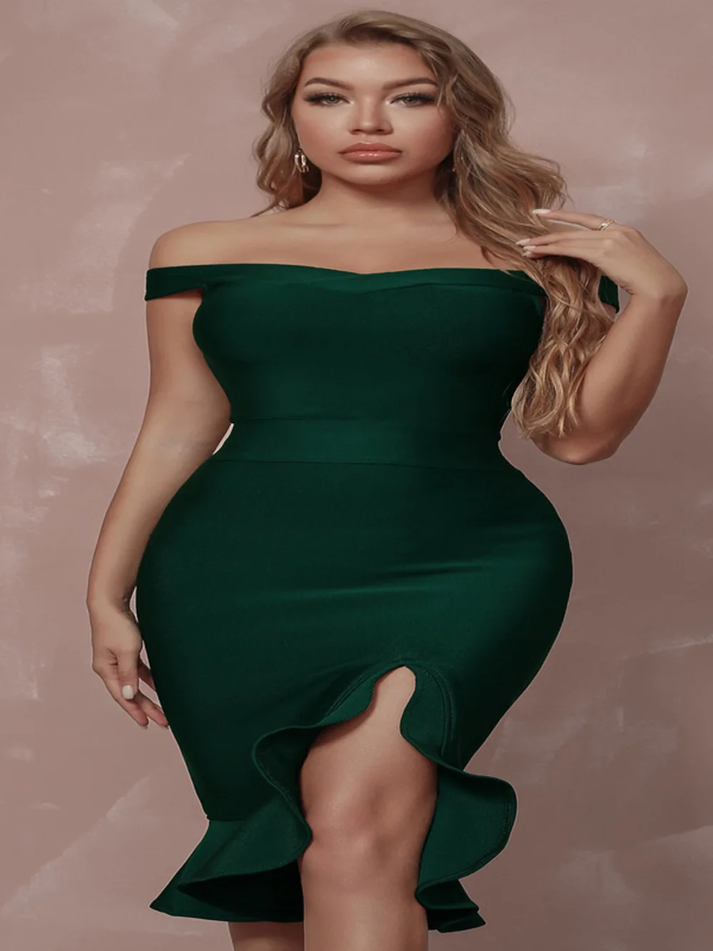 

Justchicc New Mid Waist Sexy Black Solid Strap Sexy Dress with Ruffle Edge Split Off Shoulder Bandage Dress