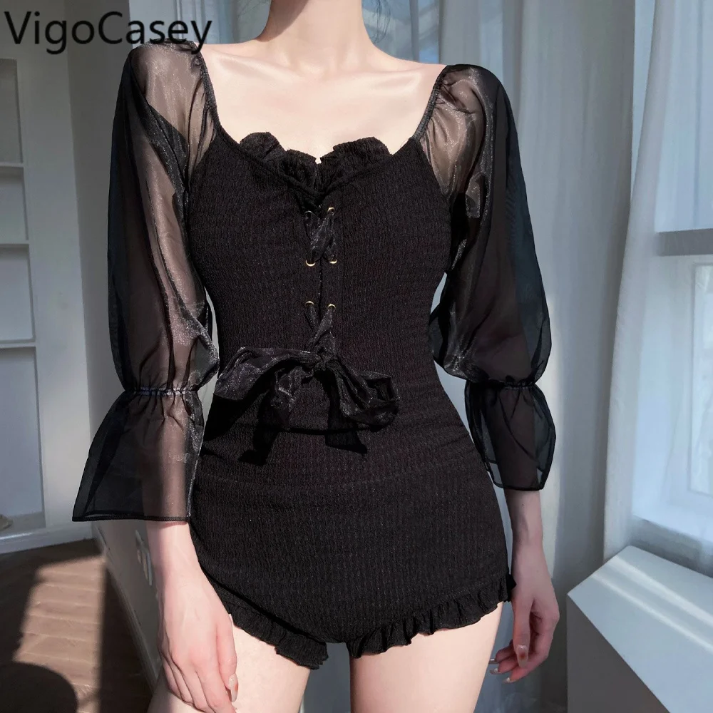 

Купальник женский сетчатый с длинным рукавом, пуш-ап и перекрестной шнуровкой