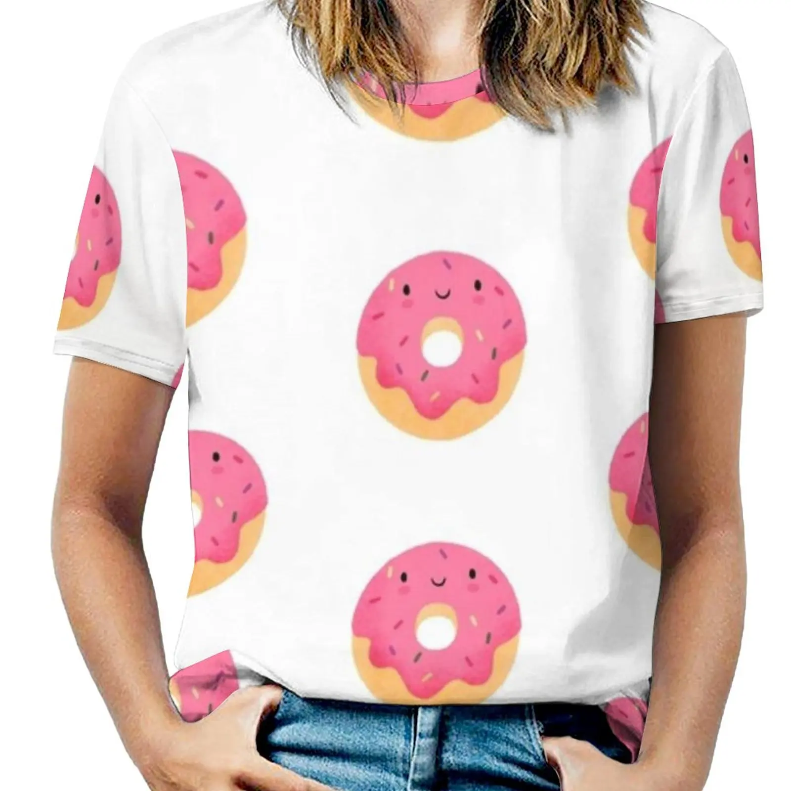 

Happy Donut Women T-Shirt Crewneck Casual Short Sleeve Tops Summer Tees Donut Doughnut Donuts Doughnuts Sprinkles Glazed Pink