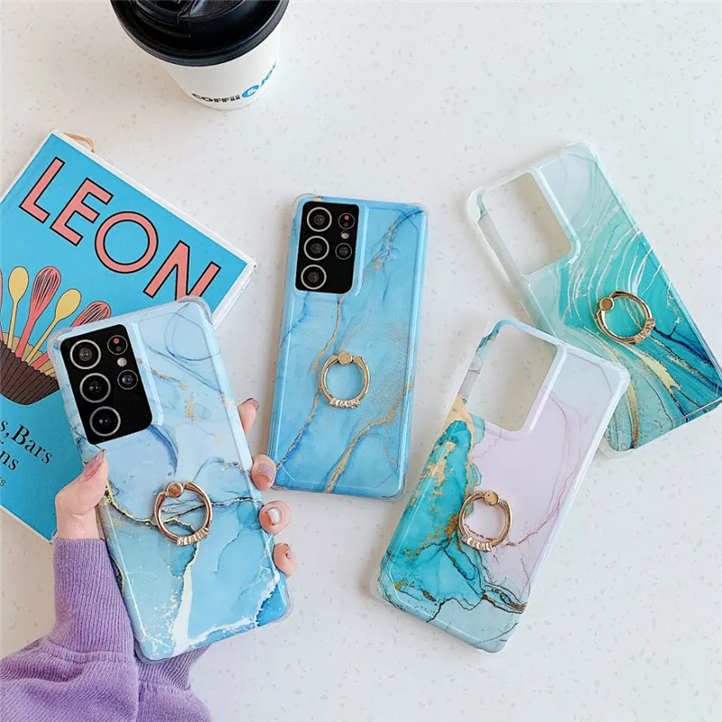 

Anti-fall Glit Golden Marble Samsung S20 Phone Case Bling Ring Holder Cover for Galaxy S21 Plus Note 20 Ultra A51 A71 A50 Coque