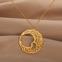 hollow design women profile face choker stainless steel moon pendant necklace for female charm boho jewelry party accessories