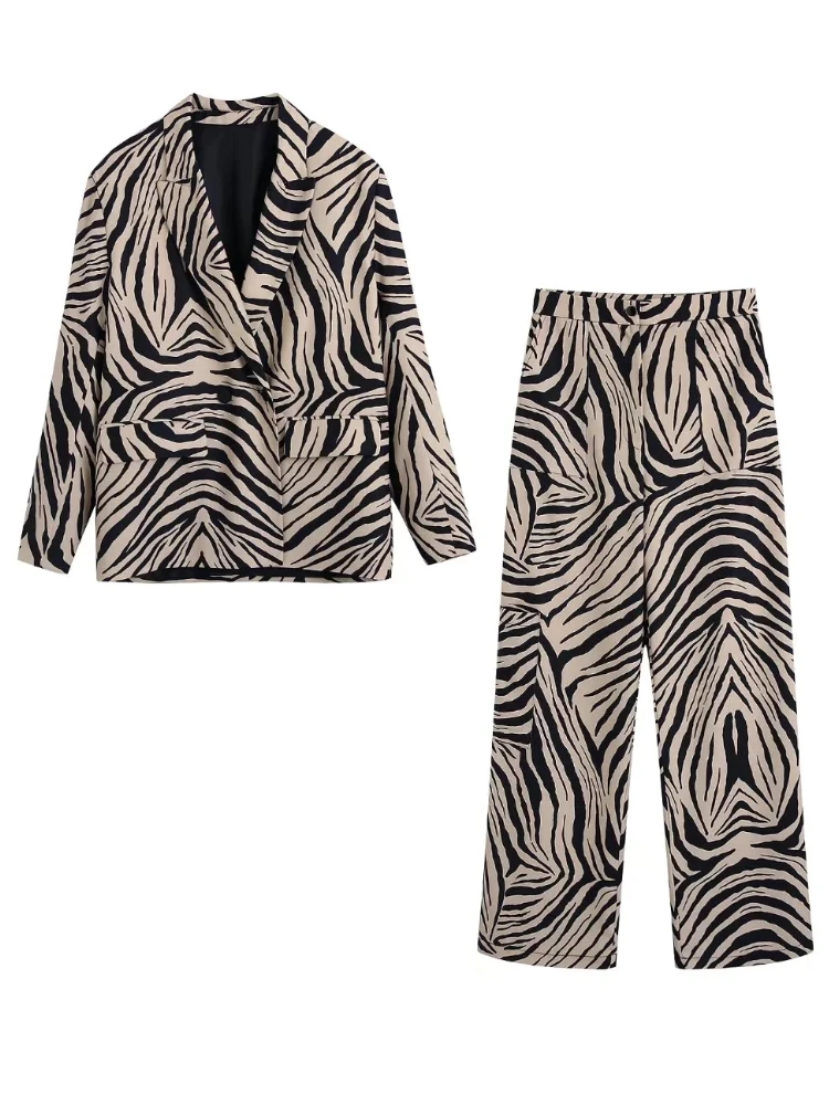 

XEASY Women Zebra Stripe Two Pieces Sets Casual Print Blazer Straight Long Pants Suit 2022 Fashion Elegant Female 2pcs Set Chic