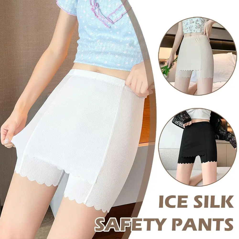 Women Ice Silk Safety Shorts Double Layer High Waist Under Skirt Slim Fit Seamless Safety Pants Summer Elastic Shorts