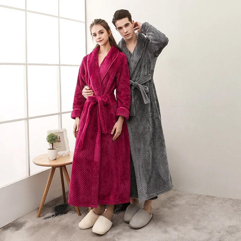 Winter Bathrobe For Couple Men's bathrobe Flannel Thick Robe Long Sleeve Soft Warm Sleeping Clothing Homewear Nightgowns