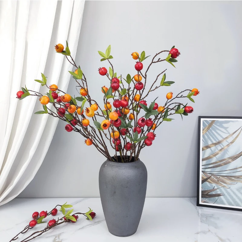 Artificial Hawthorn Branches Plastic Plants Pomegranate 8 Fruit Fake Leaves High Branch for Home Bedroom New Year Decoration