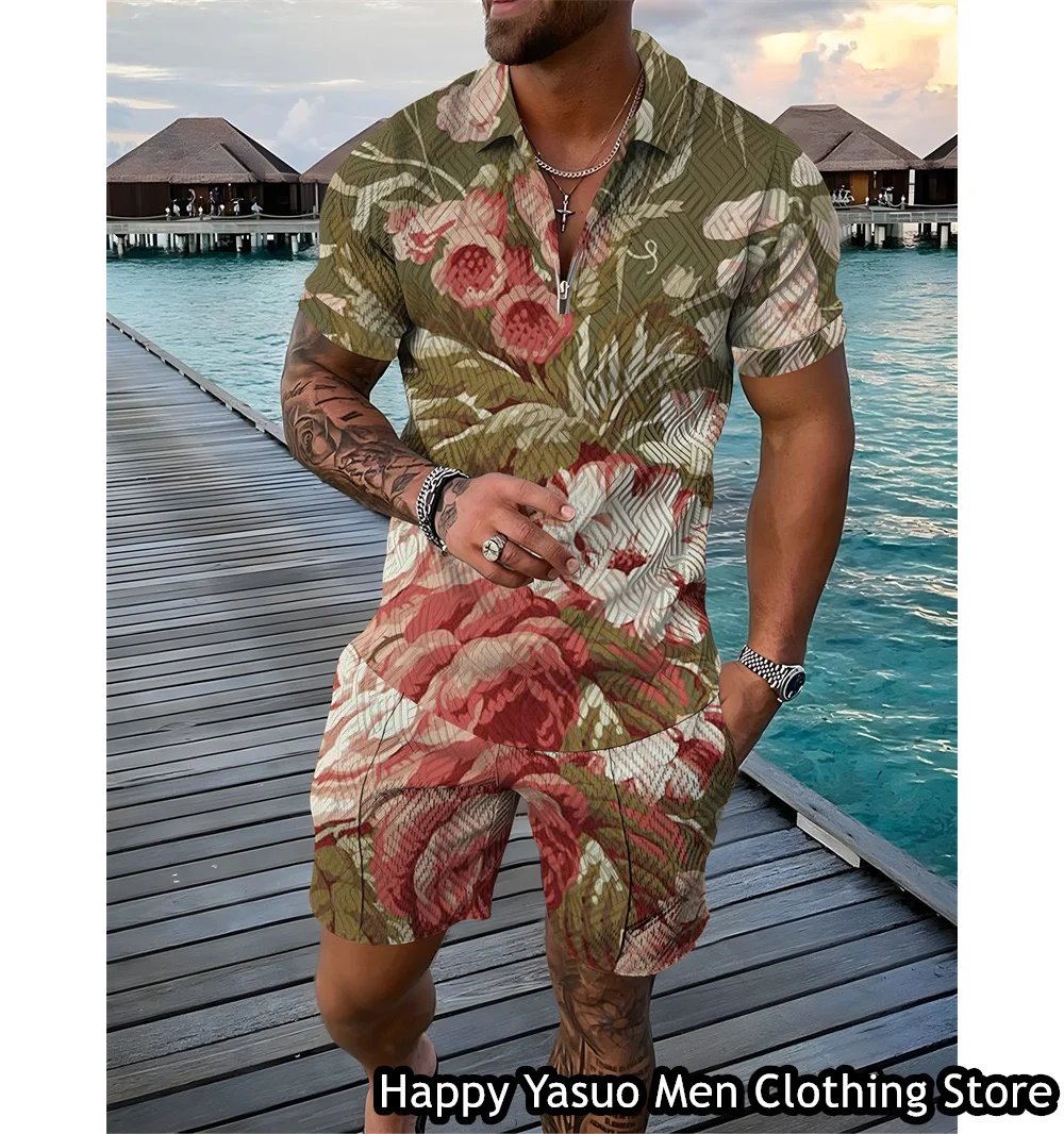 New Men Summer Vintage Polo Shirt Shorts Man Floral Printing Polo Set Hawaiian Vacation Style Outfit Male Casual Suit Clothing