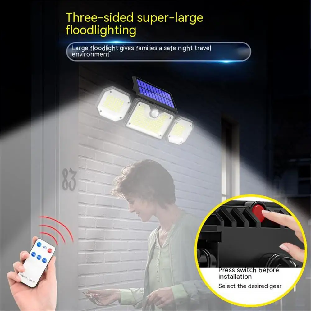 

NEW 3-heads Solar Wall Lamp 3 Modes Outdoor Waterproof Human Body Induction Garden Lights With Solar Panel