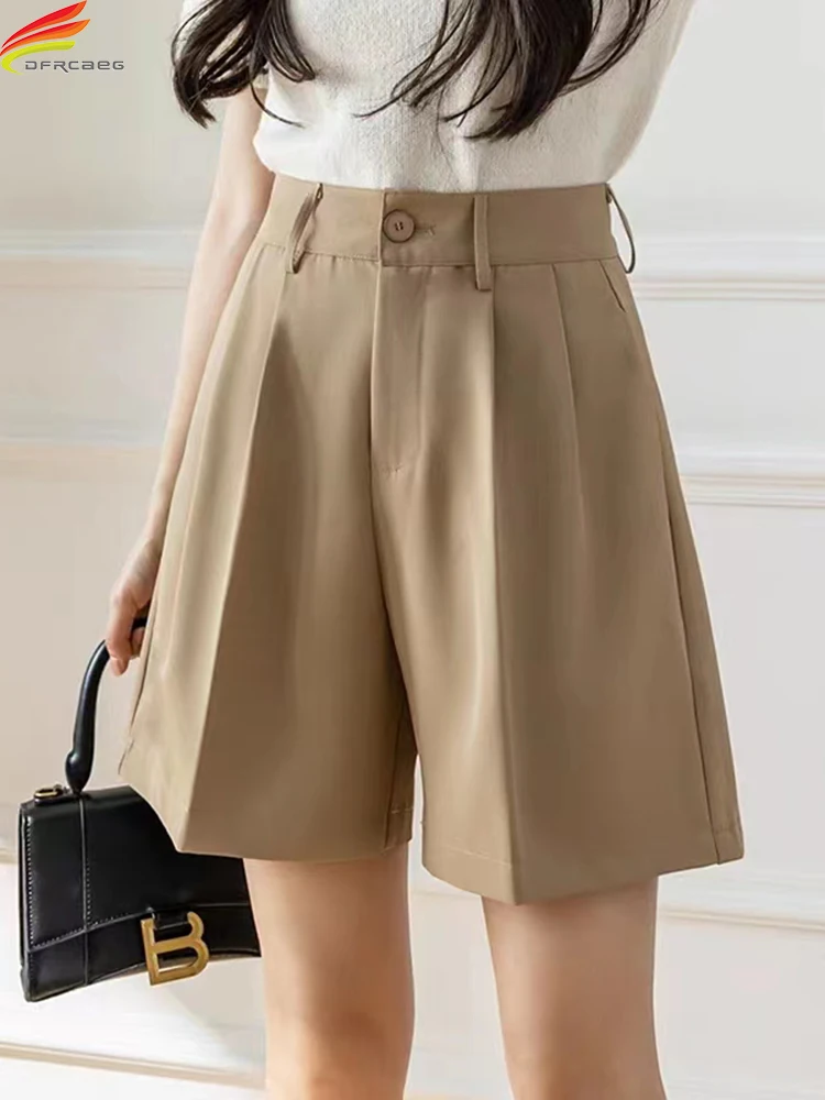 

Летние шорты DFRCAEG 2023 для женщин с высокой талией цвета хаки или черный, Костюмные брюки, женские свободные шорты с широкими штанинами
