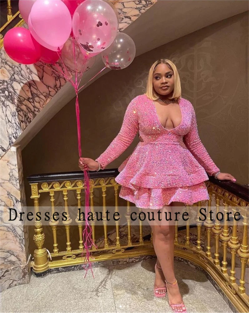 

Pink Short Sequins Prom Dresses 2023 For Black Girls Ruffles Long Sleeve Mini Cocktail Dresses Homecoming Gowns Robes De Soirée
