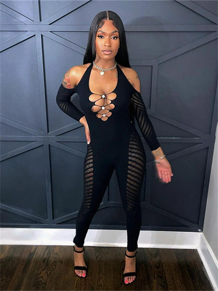 

Summer Outfits Sexy Hollow Out Jumpsuits Women Sleeveless Bodycon Rompers Jumpsuits Ladies Black Backless One-piece Overalls