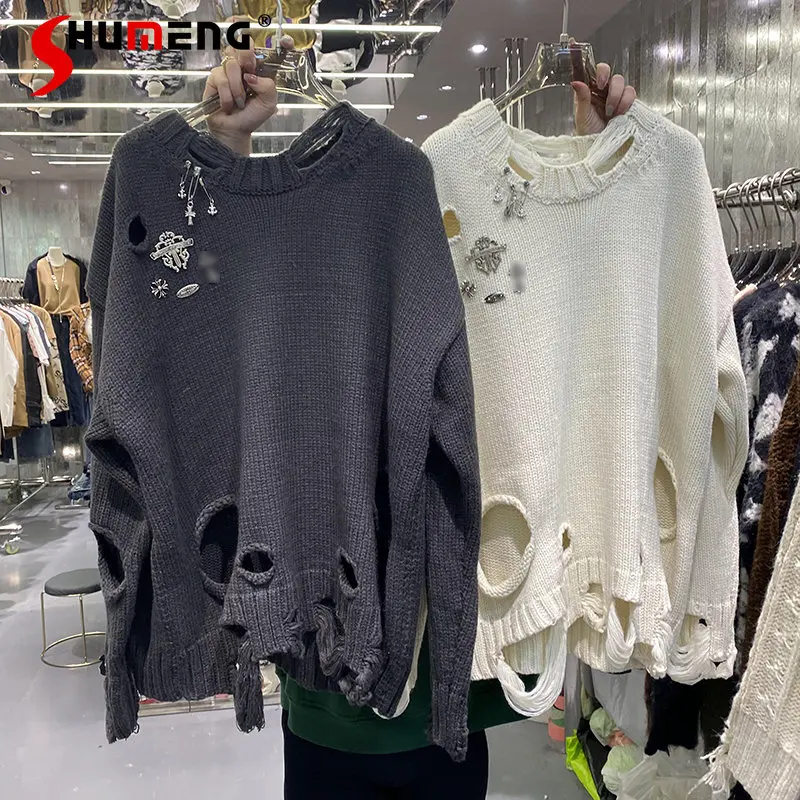 

Женский трикотажный свитер в стиле ретро, однотонный свободный Трикотажный свитер с круглым вырезом, в европейском стиле, осень 2022