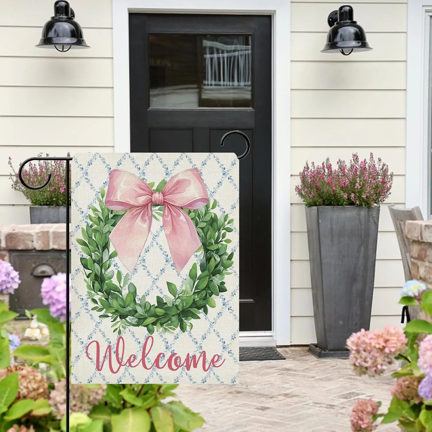 Декоративный садовый флаг Dyrenson Welcome Pink Bow Wreath, с розовым бантом, листьями эвкалипта и лентой в стиле кокетель, для украшения двора и дома, Bot YYX (art.: 3920d4e840882) - 3920d4e840882