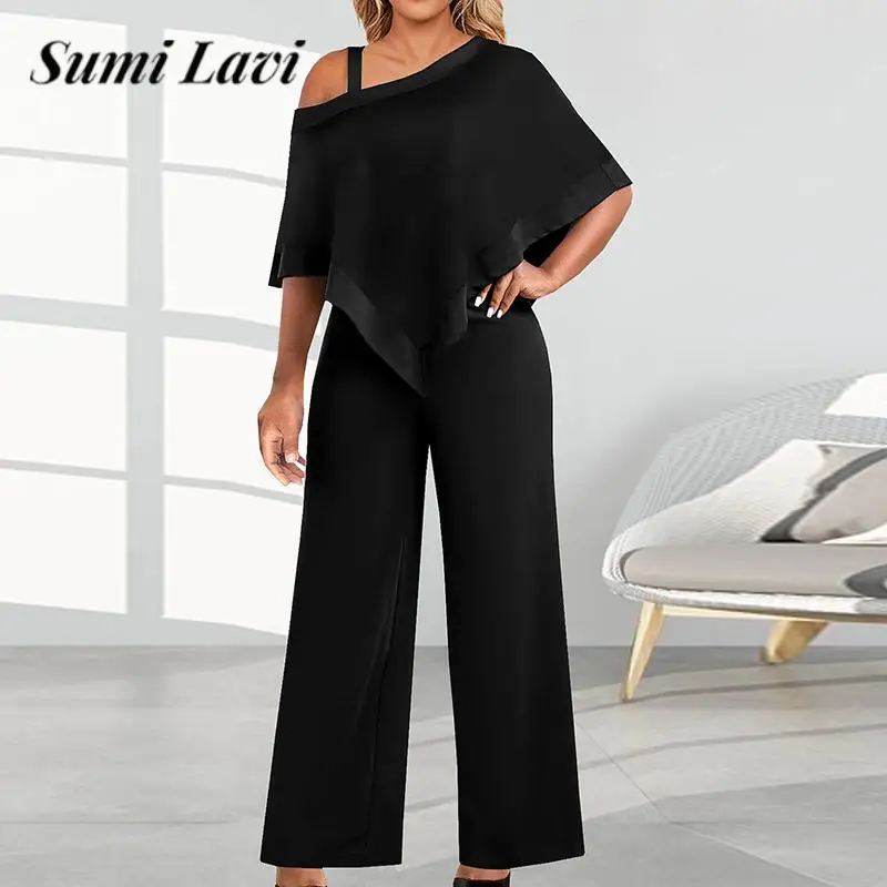 

Women Off Shoulder Slash Neck Jumpsuit Fashion Solid Color Irregular Elegant Romper Summer Ladies Shawl Straight One Piece Pants