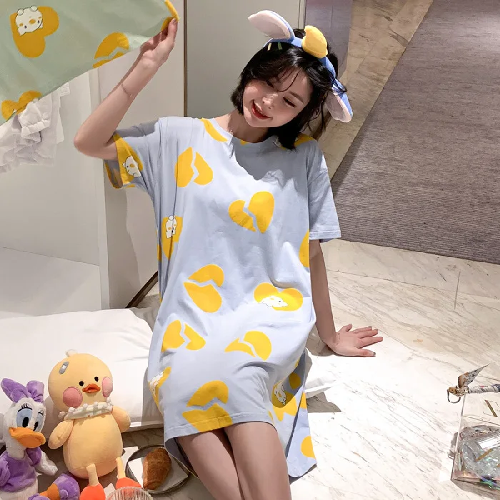 Women Nightgowns Cotton Nightdress Cute Cartoon Nightwear Sweet Princess Short Sleeve Sleepwear Loose Spring Homewear Nightshirt