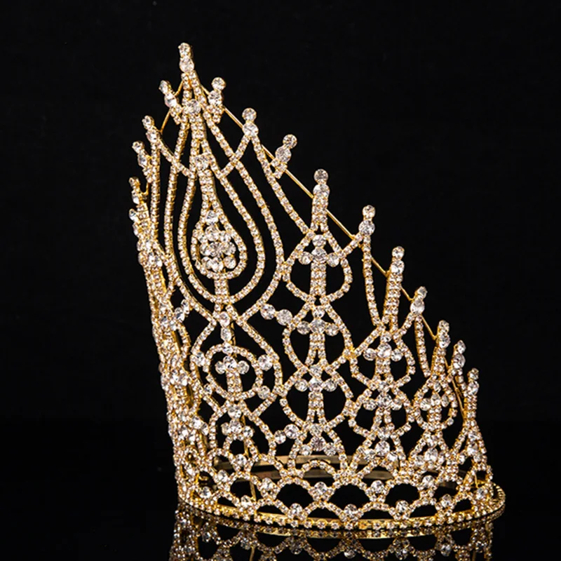 Beauty Pageant Crown Rhinestone Pageant Tall Crowns Crystal Adjust Contour Band Miss Big Tiara