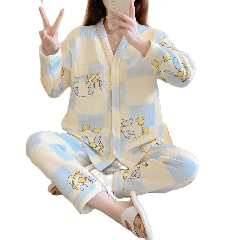 Autumn Winter Maternity Air Cotton Pajamas Set Breastfeeding Jacket Long Trousers Twinset Postpartum Women Nursing Clothes Set