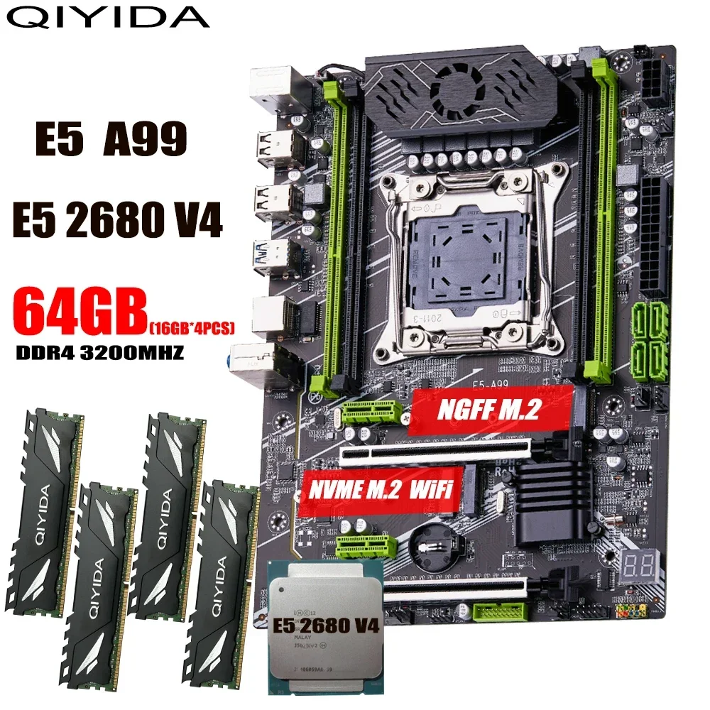 Комплект материнской платы QIYIDA X99 LGA2011-3 xeon E5 2680 V4 комплект 4*16 ГБ = 64 3200 МГц 4 канала