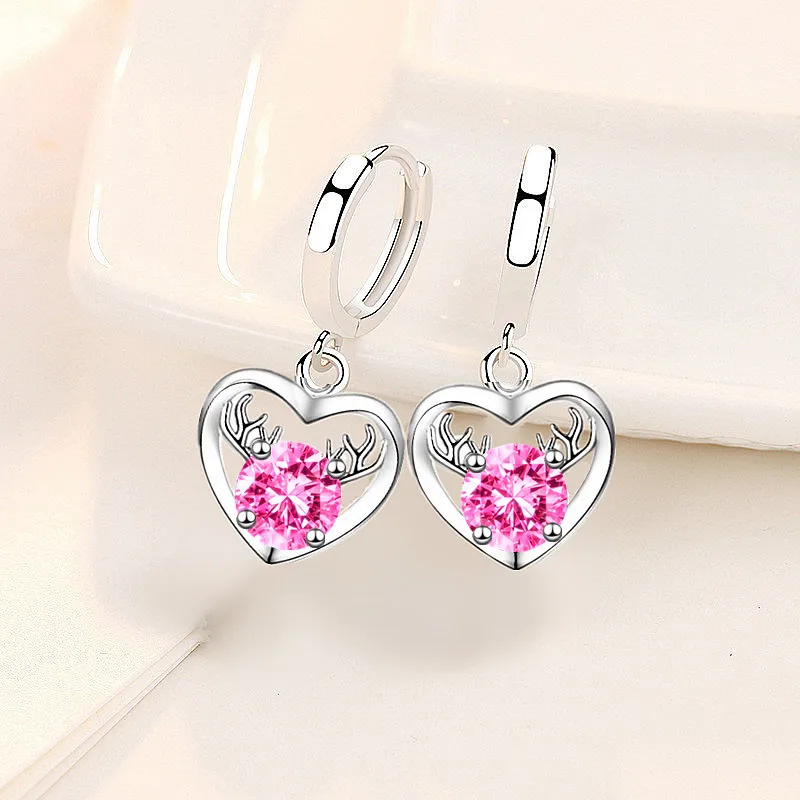 

Wholesale S925 Sterling Silver 2021 Women Fashion Jewelry High Quality Blue Pink Crystal Zircon Heart Love Deer Earrings
