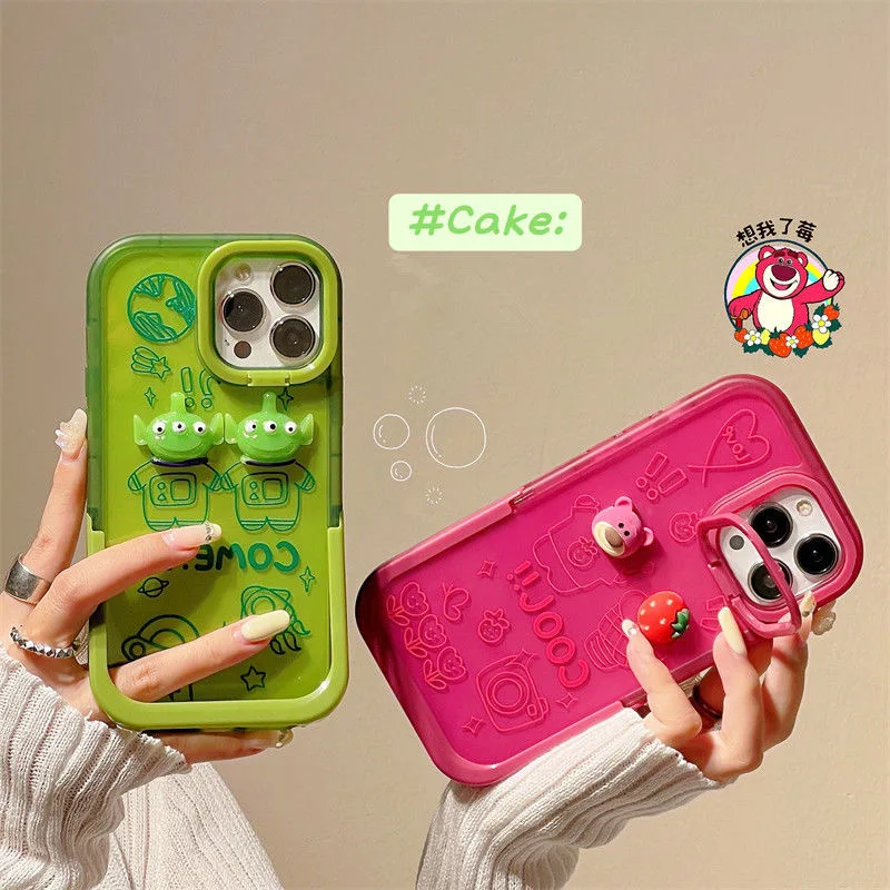 

Disney Toy Story Three Eyes Strawberry Bear 3D with Stand Phone Cases For iPhone 13 12 11 Pro Max XR XS MAX X Back Cover