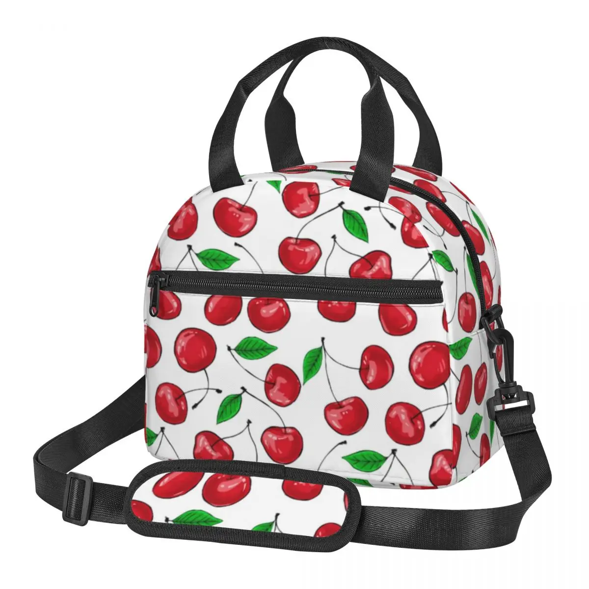 

Red Fruit Lunch Bag with Handle Cherries Print Fancy Cooler Bag Carry School Meal Thermal Bag