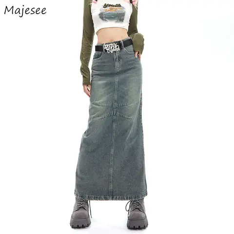 Maxi Denim Skirts Women Autumn American Retro Streetwear Y2k College Young Girls Chic Long Faldas Sexy Mujer Straight Hipster