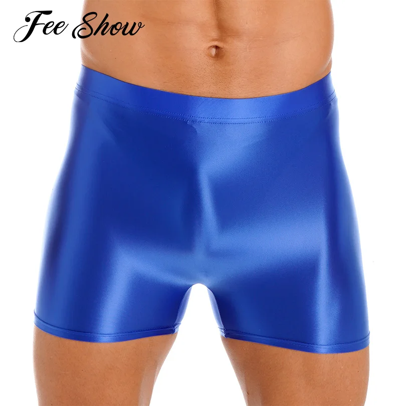 

Men Smooth Glossy Swimming Shorts Swimsuit Swimwear Mid Waist Elastic Waistband Bottoms Short Leggings Sports Fitness Sportswear