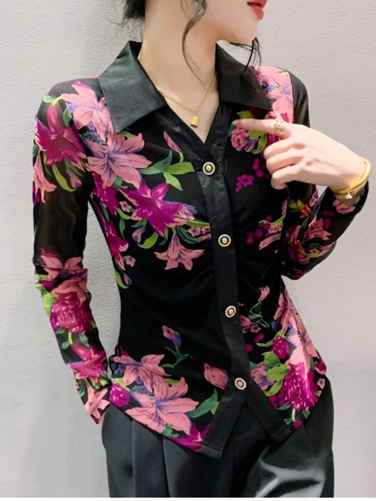 #7364 сетчатая рубашка с цветочным принтом Женская облегающая короткая отложным