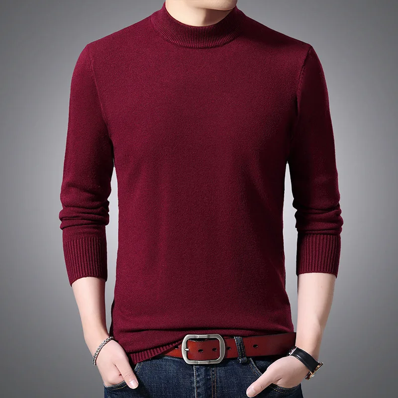 2021 New Men's Sweater Winter  Half High  Solid Color Pullover Warm Knit Sweater Long Sleeve Bottoming Shirt