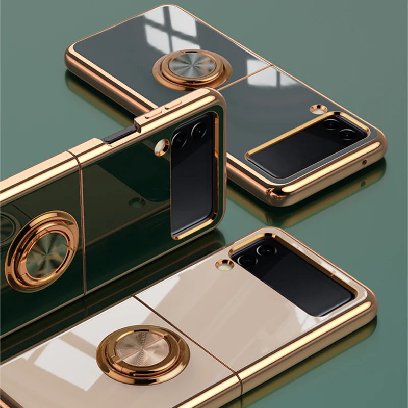 

For Samsung Z Flip 3 Case Plating Magnetic Ring Holder Phone Case For Galaxy Z Flip 3 5G Shockproof Silicone Stand Back Cover