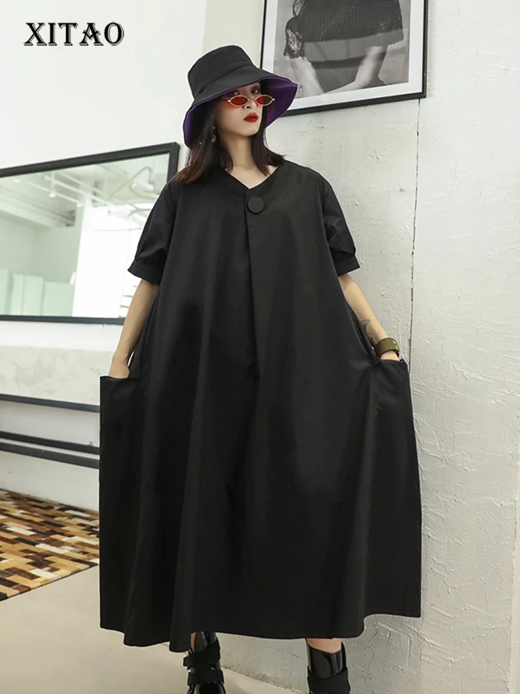 

XITAO Solid Dress Women Korea 2022 Summer New Arrival Personality Fashion Loose V-neck Short Sleeve Mid-calf Dress WMD5974