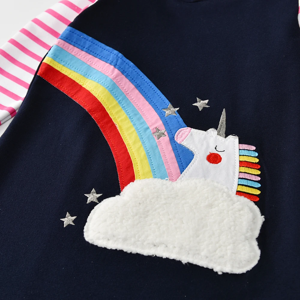 DXTON Girls Autumn Spring Long Sleeve Clothes Kids Rainbow Unicorn Cartoon Appliqued Hooded Dress Children Casual Cotton Dresses