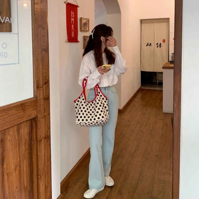 Tote Bags for Women2023 New Japanese Large Capacity Ladies Shopping Handbags Fashion Polka Dot Canvas Shoulder Bag Female