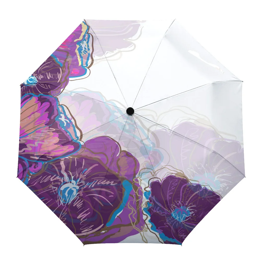 

Purple Flowers Plant Art Print Women Men Rain Umbrella Three Folding Girl Durable Portable Automatic Umbrellas Gift Parasol