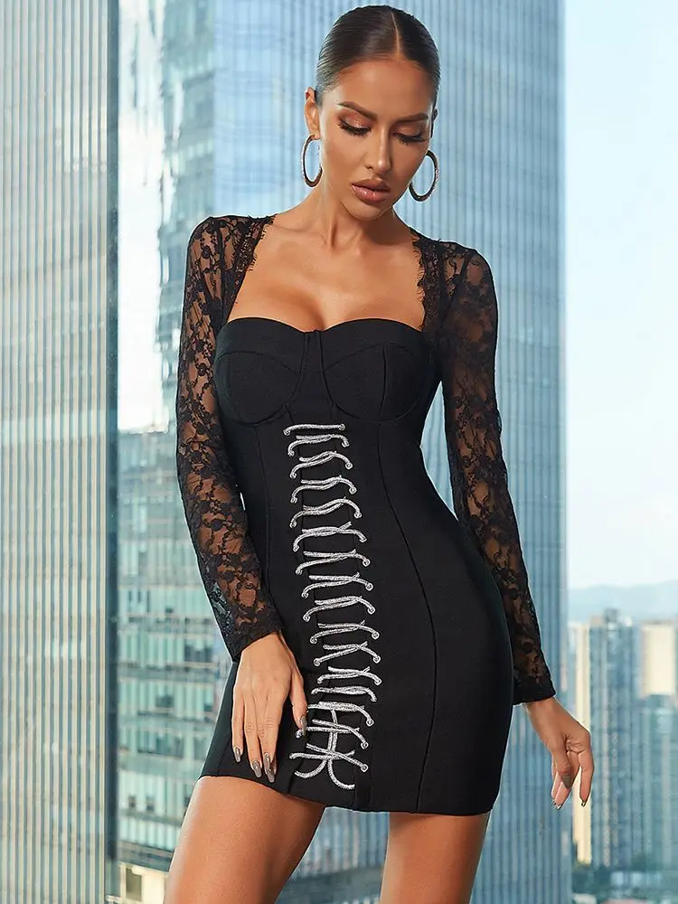 

2022 Fall New Women'S Sexy Long Sleeve Lace Patchwork Lace Up Bodycon Celebrity Club Party Evening Mini Bandage Dress