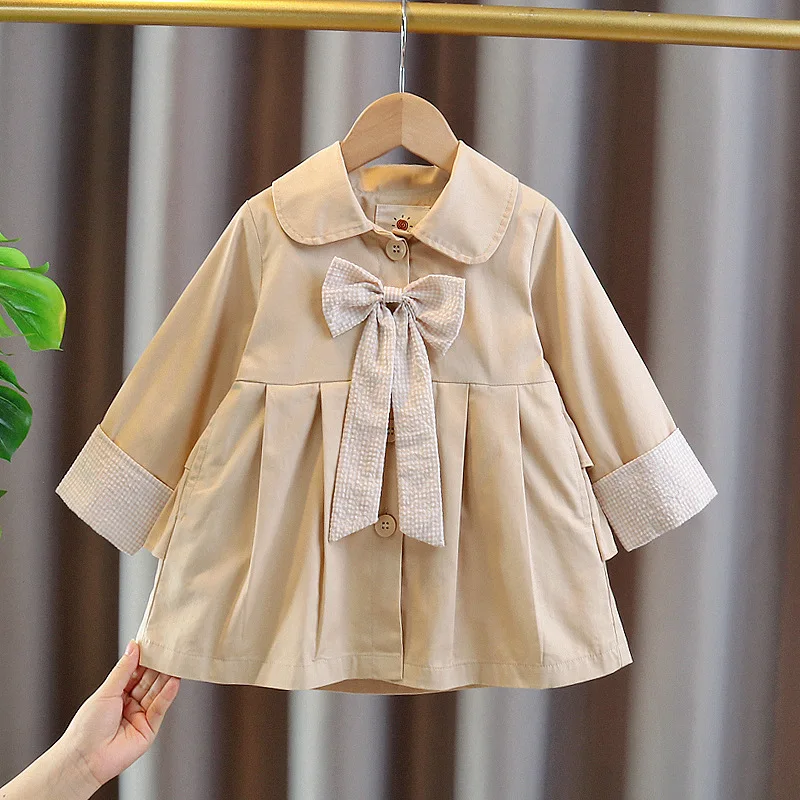 

Spring Cotton Girls Toddler Trench kids Windbreaker Fashion Girls Single Breasted Jacket Outfits with Bowknot 1-5Y