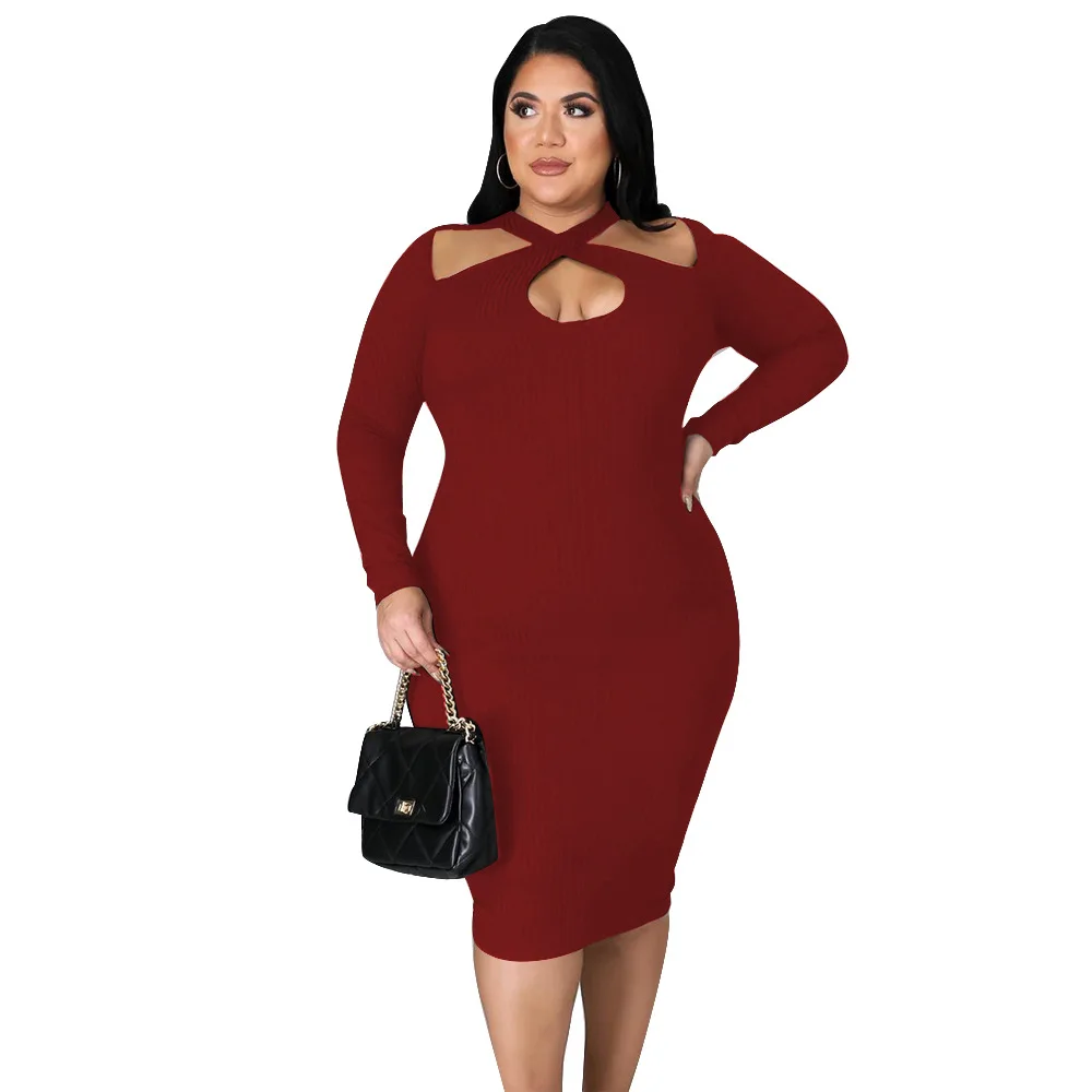 Plus Size Dresses Solid Long Sleeve Hollow Out Slim Fit Party Dresses Evening Dresses Long Sleeve Dresses for Women Sexy & Club