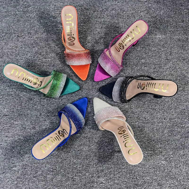 Xibeilove 2023 Fashion Women's Slippers Summer Sexy Pointed Rhinestone Colorful High Heel Slippers Luxury Banquet Wedding Shoes