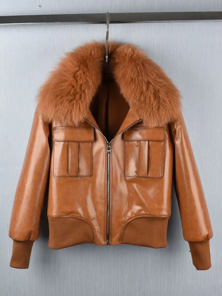 Real Fox Fur Coats Genuine Leather Jackets Fashion Real Sheep Leather Jackets Female Real Soft Genuine Leather Jackets WY1160