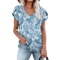 womens clothing 2022 new summer casual v neck floral printing t shirts with short sleeves fashion petal sleeve loose top female