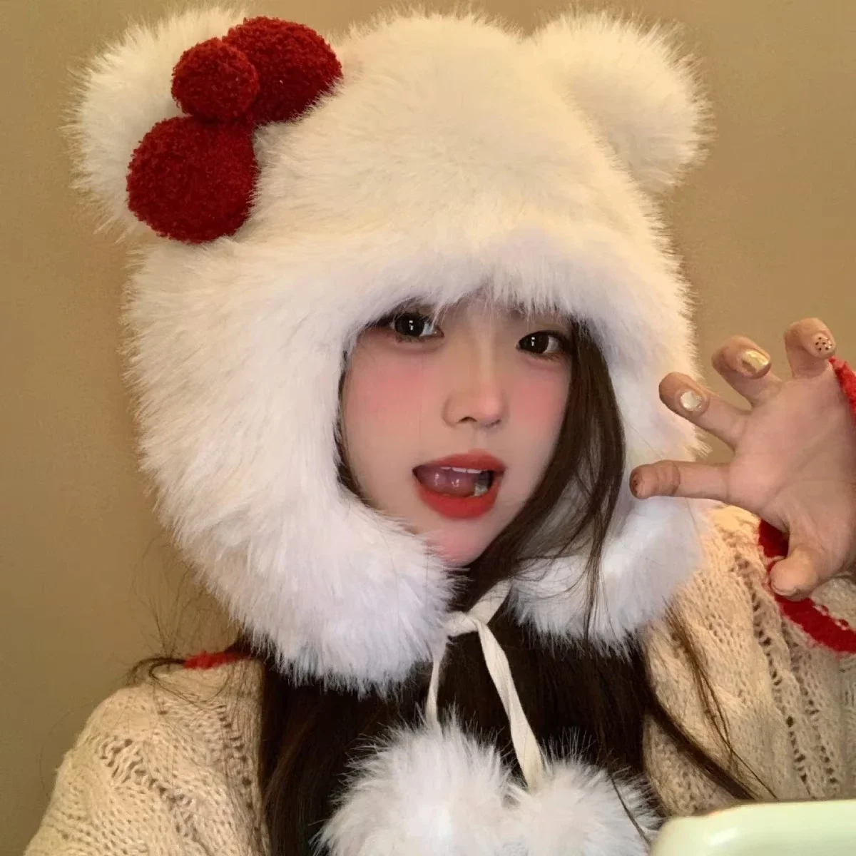 Kawaii Hello Kitty корейская плюшевая шапка-бомбер с милым бантом зимняя женская теплая