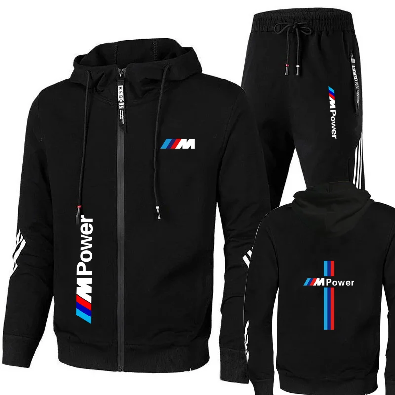 Men's sets sports fashion car brand M print oversized zipper outdoor hoodie Sports pants two-piece sweatshirt men's clothing