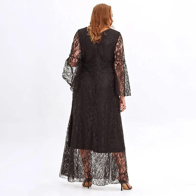 Plus Size Large Women's Dress New Elegant V-neck Silk Color Women's Mesh Dress Flare Long Sleeves Fat MM Elegant Lace Dresses