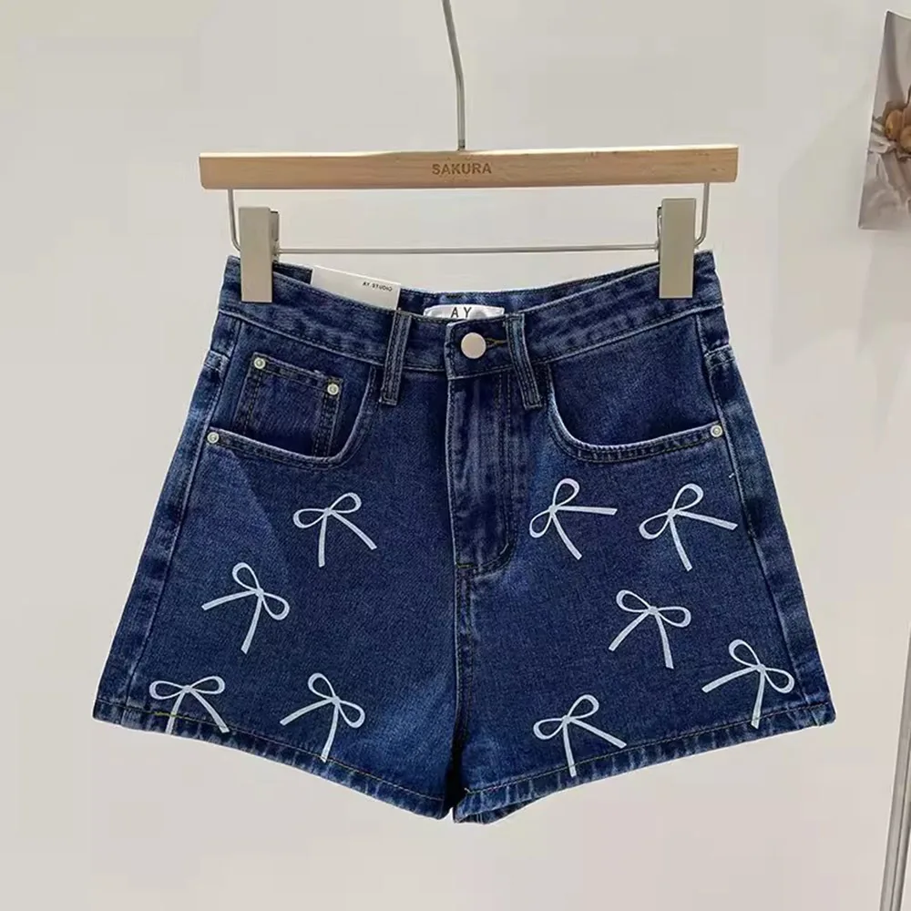 Милые джинсовые шорты в Корейском стиле с бантом и принтом облегающие голубые